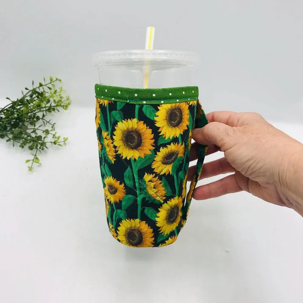 Drink Coozie w Handle Hot or Iced Drinks Cozy Insulated Sunflowers and Green